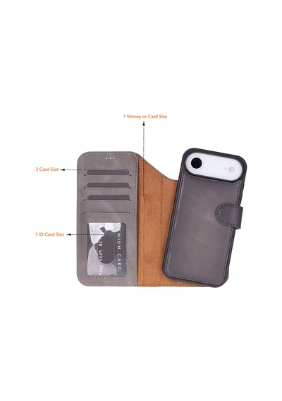Bloomcase Magic Wallet Ash Mist Gray Hakiki Deri Apple Uyumlu iPhone 17 Air 6.5" Cüzdanlı Telefon Kılıfı Gri