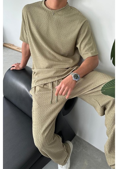 Haki Örme Desenli Relaxed Tişört Haki