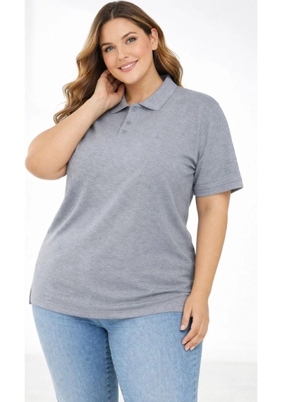 Wear Vexel Kadın Battal Beden Tişört Polo Yaka Pike Kumaş Kısa Kol T-shirt - Gri Gri