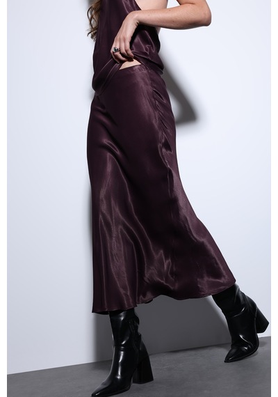 Antioch Saten Midi Etek Bordo