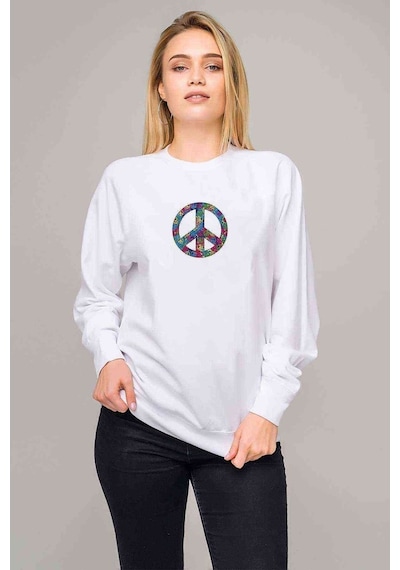 Peace Hippie Peace Symbols Baskılı Beyaz Kadın Sweatshirt (528254427)