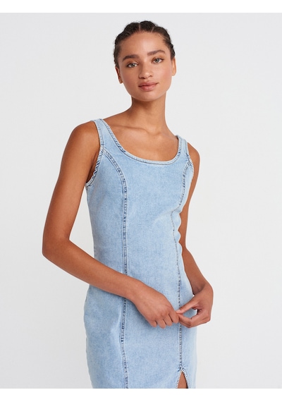 Dilvin 90565 Önü Derin Yırtmaçlı Denim Elbise-mavi Mavi