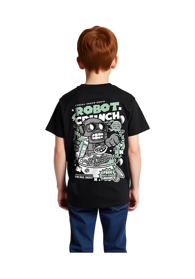 Paybuy Çocuk Retro Robot Çikolata Tahıl Baskılı Tişört %100 Pamuk Nostal Siyah