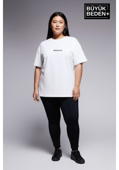 Superlife Kadın Büyük Beden Orta Brooklyn Baskılı 3xl-6xl Bisiklet Yaka Tshırt Spr26btsk510-8 Beyaz
