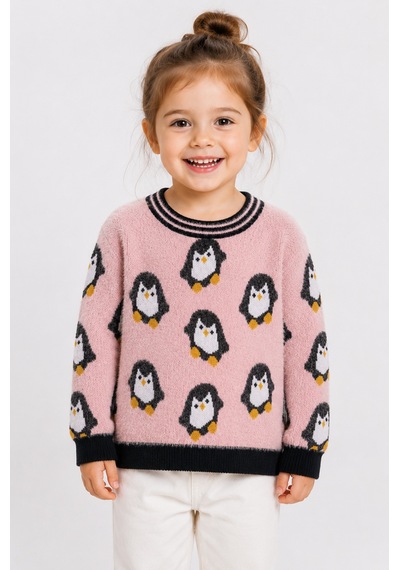 Penguen Desenli Kız Çocuk Kazak 23212 Pembe