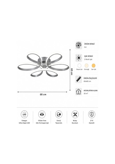 AvizeGO Niva Led Plafonyer Avize 3 Renk Kumandalı Gri