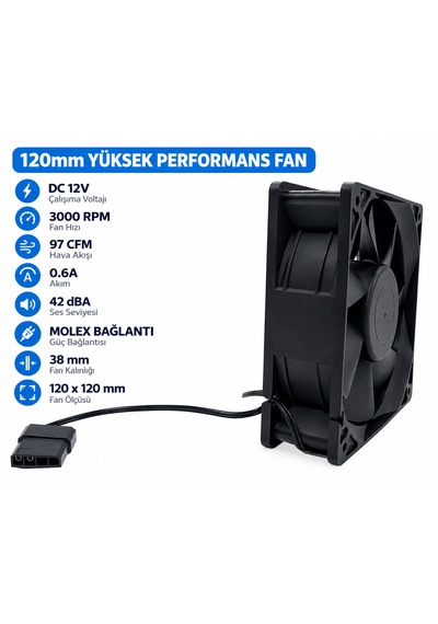 120x120x38mm Molex Soket 12 Volt 0.6 Amper Soğutucu Kasa Fanı