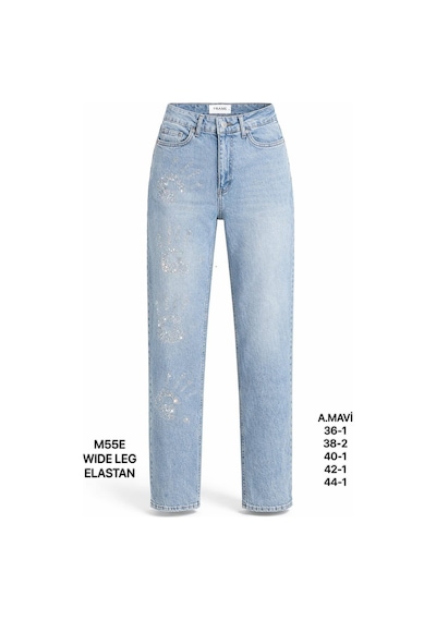 Miss Poem Kadın Açık Mavi Taşlı Yüksek Bel Wide Leg Jean Pantolon A.mavi