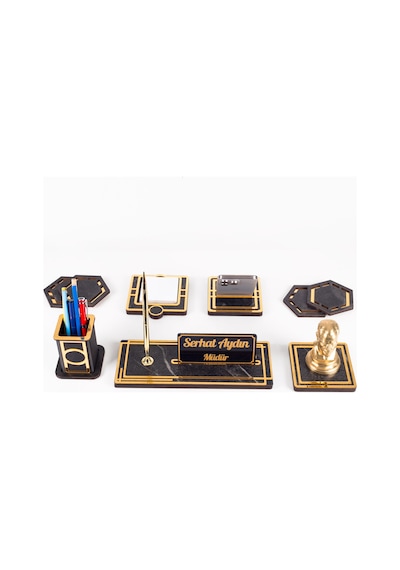 Space+atatürk Büstü Gold Ahşap Masa İsimliği Seti Mermer Desenli Ofis Hediyesi Masa Üstü İsimlik Siyah