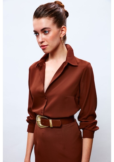 Sateen Düz Klasik Gömlek - Kahve-132874 Kahve