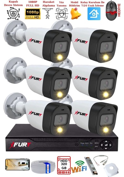 Fury 6 Kameralı 5mp Lens 2 Mp Görüntü Gece Renkli Full Hd Ultra Led Akıllı Güvenlik Kamerası Seti 320gb