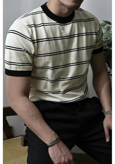 Tarz Cool Erkek Çizgi Detaylı Slim Fit Bisiklet Yaka Triko T-shirt Beyaz
