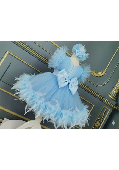 Star Kids Fashion Kız Çocuk Mavi Tüylü Elbise,kız Çocuk Abiye Elbise, Toka Dahil Açık Mavi