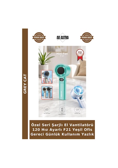 Özel Seri Şarjlı El Vantilatörü 120 Hız Ayarlı F21 Yeşil Ofis Gereci Günlük Kullanım Yazlık