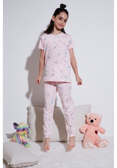 Lela % 100 Pamuk Bisiklet Yaka Kısa Kollu Kız Çocuk Pijama Takımı 6651002 Pembe-Beyaz