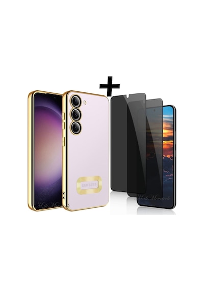 Samsung Galaxy Uyumlu S23 Plus Kılıf Kamera Korumalı Logolu Arkası Şeffaf Kenarları Renkli +hayalet Cam Set Gold