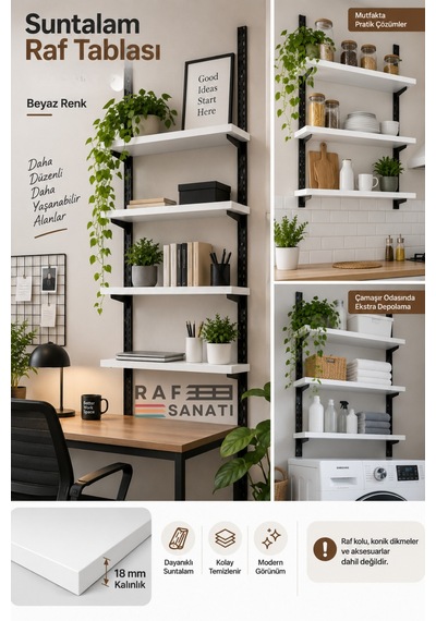 10 Adet - 90x30 Cm Suntalam Mağaza Rafı Beyaz Geniş Ahşap Raf Tablası Konik Dikme Uyumlu