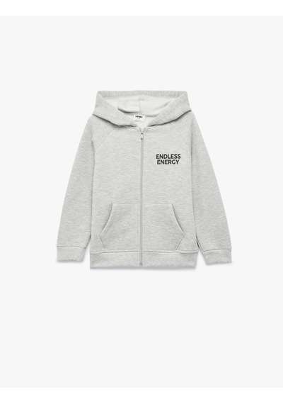 Koton Baskı Detaylı Pamuklu Cepli Üç İplik Şardonlu Kapşonlu Fermuarlı Sweatshirt Gri 7wkb10228tk