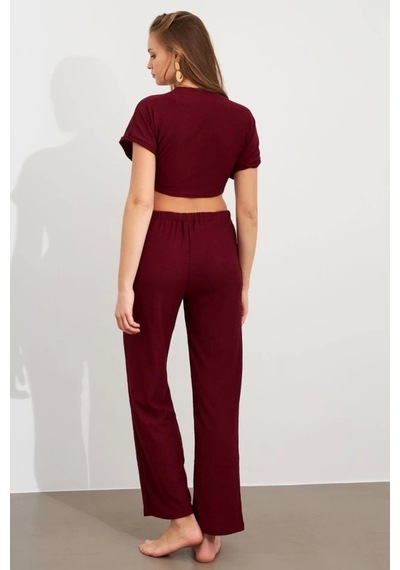 Defymoda Kadın Bürümcük Kumaş Pantolonlu Takım Bordo