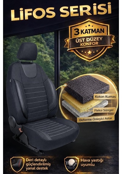Lifos Serisi Koton Kumaş Universal Oto Koltuk Kılıfı Tam Set Siyah Gri Genel