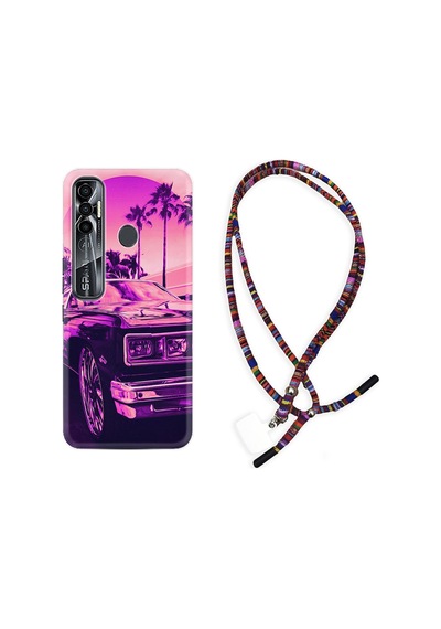 Tecno Spark 7 Pro Kılıf Rasta Boyun Askılı Mor Araba 17Mate10Lite
