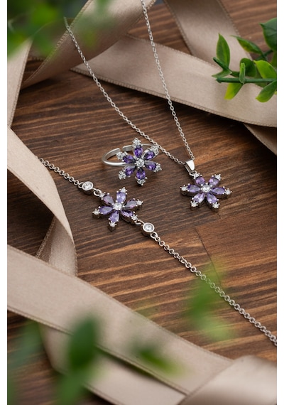 925 Ayar Ametist Taşlı Rodyum Lotus Çiçeği 3'lü Gümüş Set Gümüş