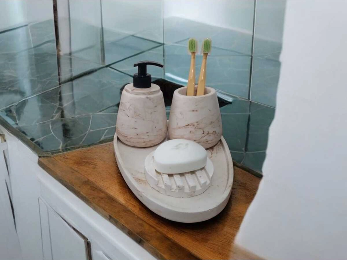 4'lü Mermer Desenli Beton Banyo Seti , Sıvı Sabunluk Diş Fırçalığı Aksesuar Gri