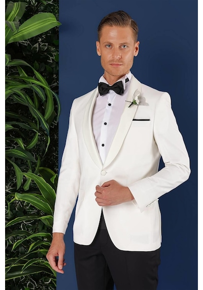 Efor Black 034 Slim Fit Saten Yaka Çift Yırtmaçlı Damatlık Ekru Smokin Ceket Ekru