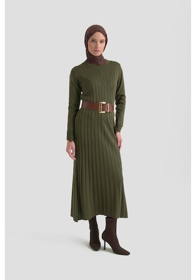 Armine Trend Kendinden Çizgili Triko Elbise Haki 25ktd901