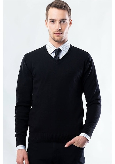 Tudors Slim Fit Dar Kesim V Yaka Pamuklu Erkek Kazak-6399 Siyah