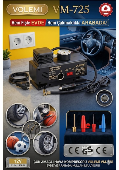 Volemi Vm-725 Çift Girişli 12v/220v 250 Psı Ev Ve Araç Uyumlu Hava Kompresörü Lastik Şişirme Pompası