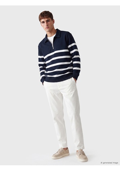 Lcw Vision Lacivert Polo Yaka Çizgili Erkek Sweatshirt