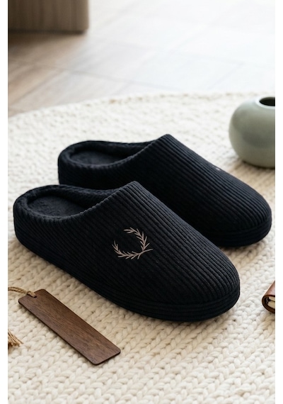 Modafrato Velvet Erkek Ev Terliği Ses Yapmayan Taban Yünlü Terlik Siyah