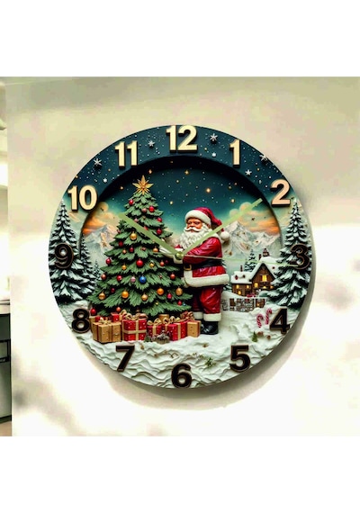 Yılbaşı Ağaç Noel Renkli Baskı Desenli Sayılı Hediyelik Ahşap Sessiz Tablo Duvar Saati 666 Çok Renkli