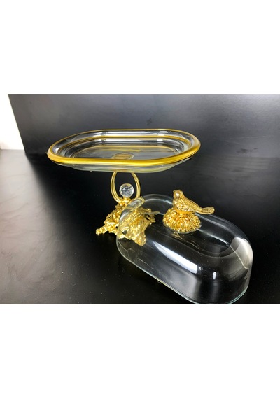 Elta Collection Kuş Figürlü Gold Metal Kristal Ayaklı Sunumluk Tereyağlık Peynirlik Kahvaltılık Gold