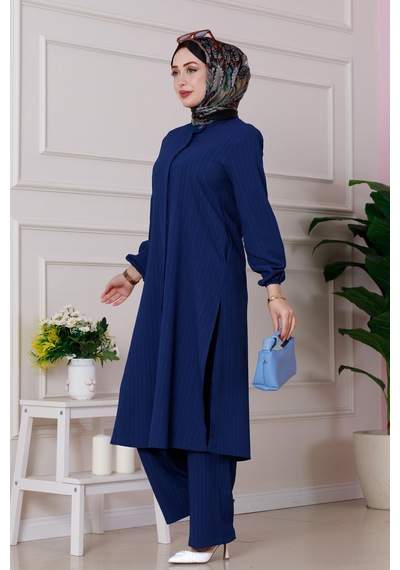 Sevitli Yırtmaç Detaylı Tunik Pantolon Takım-lacivert-4863
