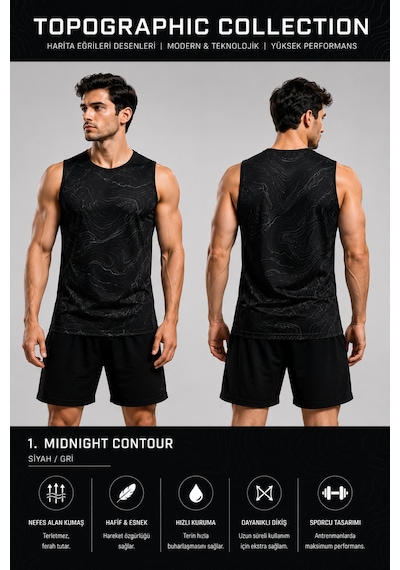Beydex Erkek Nem Emici Hızlı Kuruma Topographic Collection Sporcu Sıfır Kol T-shirt Gym Siyah