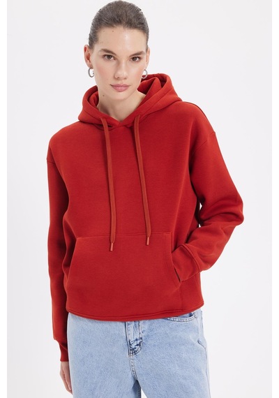 Tudors Kadın Oversize Geniş Kesim Pamuklu Yumuşak Dokulu İçi Polarlı Basic Kiremit Kapüşonlu Sweatshirt-37906 Kiremit