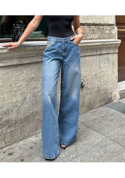 Kene Jeans Kadın Mavi Tintli İşlemli Çift Köprülü Bol Paça Kot Pantolon Mavi