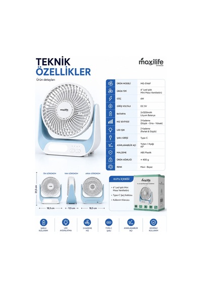 Breeze Mg-5146f Şarjlı Mini Masa Vantilatörü Led Işıklı 3 Kademeli Usb Type-c