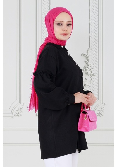 Sevitli Kolu Fırfır Detaylı Tunik-siyah-3616-siyah Siyah