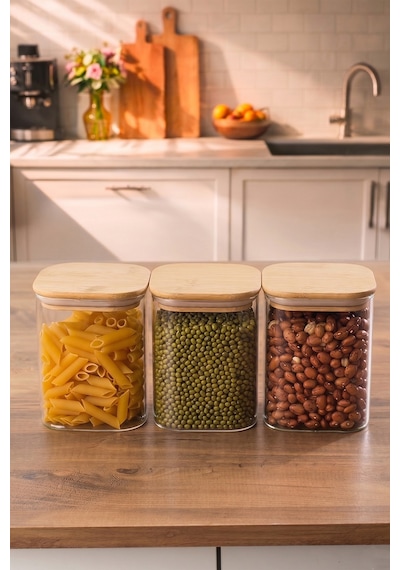 Porsima 5-3 Bambu Vakumlu Kapaklı Kare Borsilikat Cam 3lü Kavanoz Seti Saklama Kabı 750ml 7,5x15cm Ahşap - Şeffaf