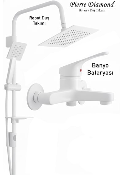 050-1 Banyo Bataryası Robot Duş Takımı Musluk Armatür Siyah Beyaz Gold Krom Renkler Beyaz
