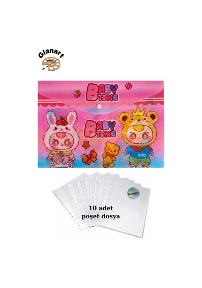 A4 Boy Çıt Çıt Ödev Dosyası +10' Lu Poşet Dosya Baby Time Pembe