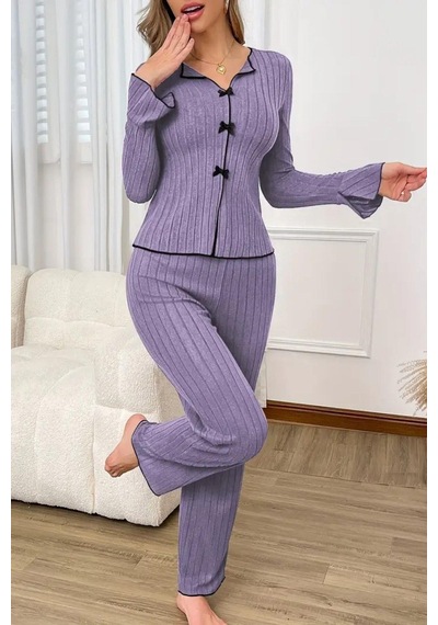 Bella Notte Pamuklu Mor Fiyonk Detaylı Mevsimlik Pijama Takımı