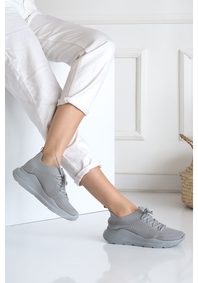 Kadın Triko Sneaker Bağcıklı Çorap Bileklik Detaylı Spor Ayakkabı 017 Buz