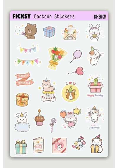 Kawaii Stili Sevimli Hayvanlar Doğum Günü Temalı Sticker Seti - 25 Adet Etiket Çıkartma Diğer