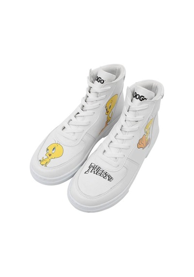 Kadın Vegan Deri Beyaz High Sneakers - Warner Bros Tweety Classic Tasarım Çok Renkli