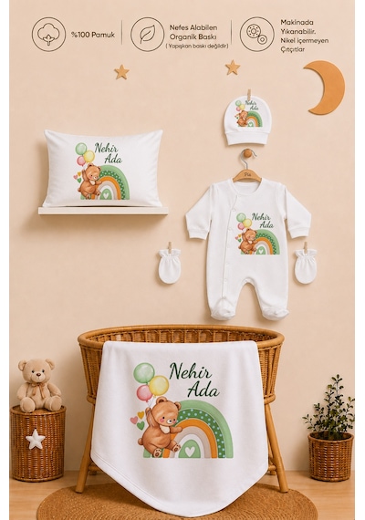 Pia Baby Kız Bebek Hastane Çıkışı 5 Parça Tulum Seti %100 Pamuk İsme Özel Organik Baskılı 2083tyb3x Ekru