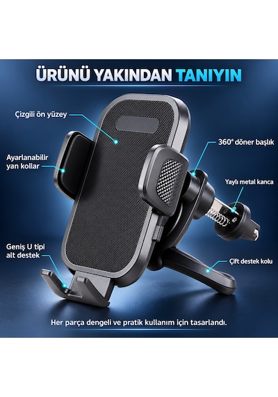 Dexxony Hp-a08 Kancalı Havalandırma Izgara Araç İçi Telefon Tutucu 360 Döner Otomatik Sıkıştırmalı Siyah